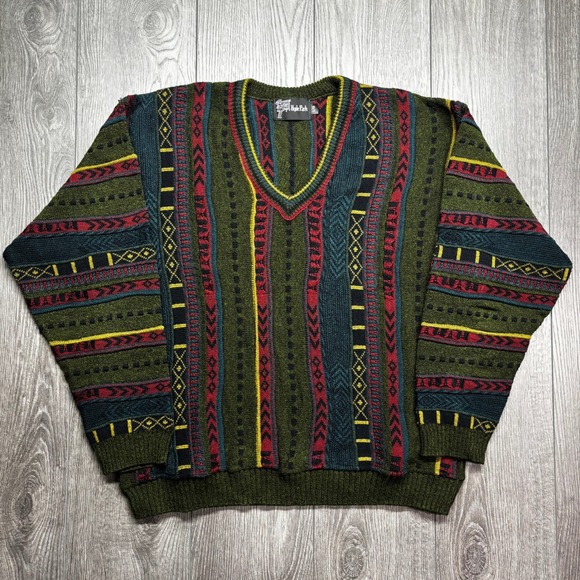 Hyde Park Other - Hyde Park Mens Vintage 3D Knit Sweater V-Neck Green Red Striped 3D Style L